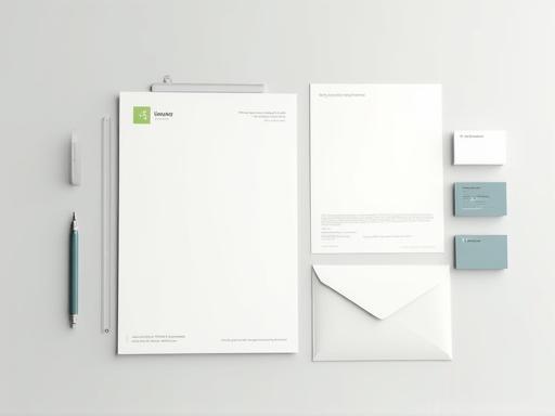 Mockup showing corporate identity elements like letterhead and envelopes